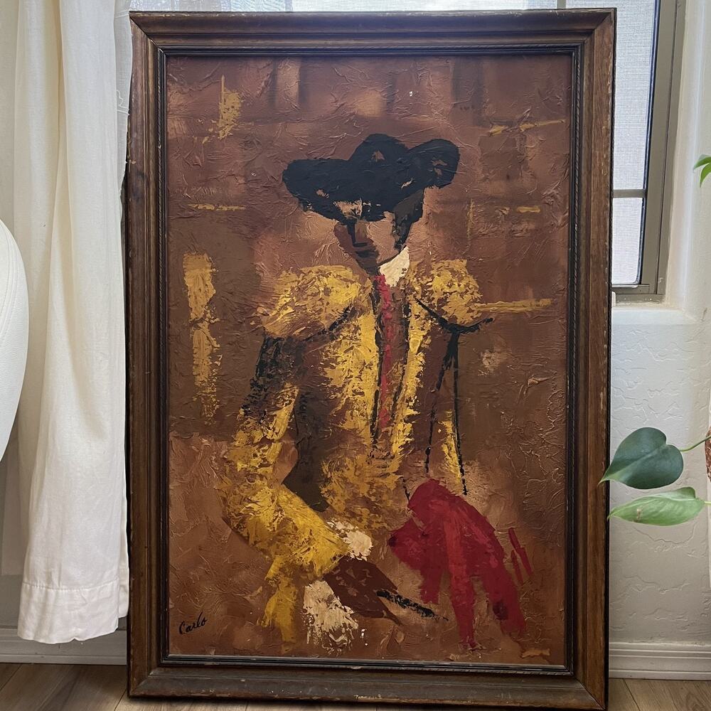 1964 MCM Carlo of Hollywood Matador Oil Painting 40x 27.5" Mid Century